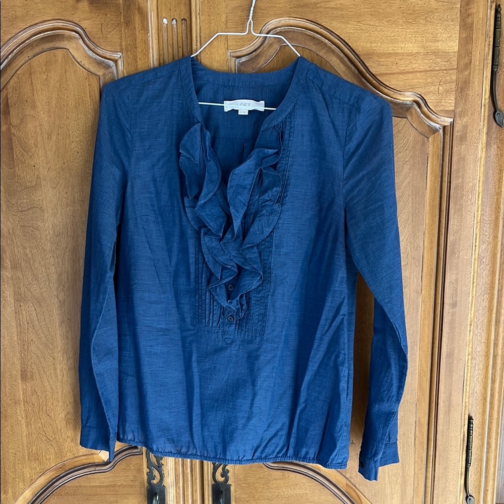 LOFT Blue Ruffled Bib Collar Blouse